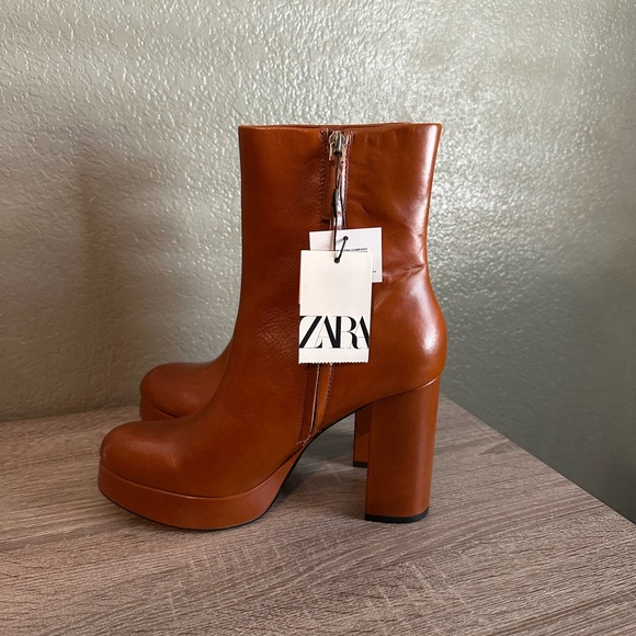 Zara women’s brown leather platform chunky heels zip up ankle boots size 9 - Picture 1 of 9